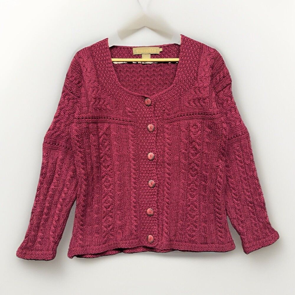 Inis Crafts Burgundy Merino Wool Cable Knit Cardigan Sweater Women’s Medium Red